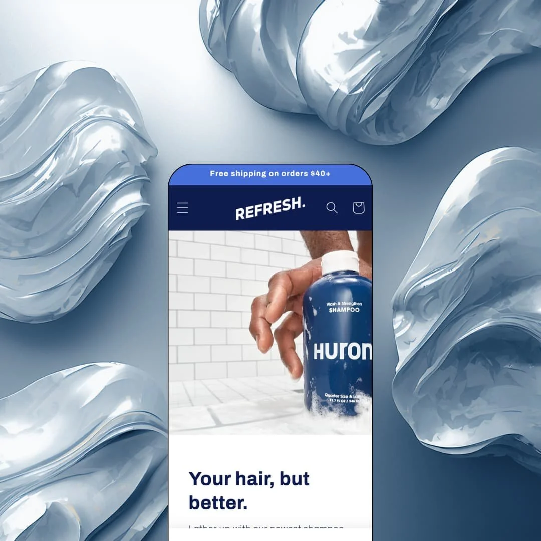 Refresh Shopify theme mobile preview — single men's grooming preset with a shampoo bottle hero above a bold split headline.