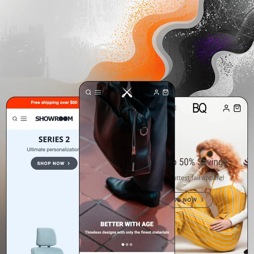 Galleria Shopify theme presets in mobile view — Showroom for office furniture, Galleria for tech bags, Drape for women's fashion