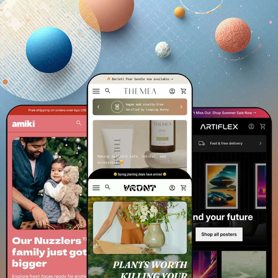 Align Shopify theme presets in mobile view — Playroom for kids' toys, Align for skincare, Verdant for plants, Darkroom for wall art