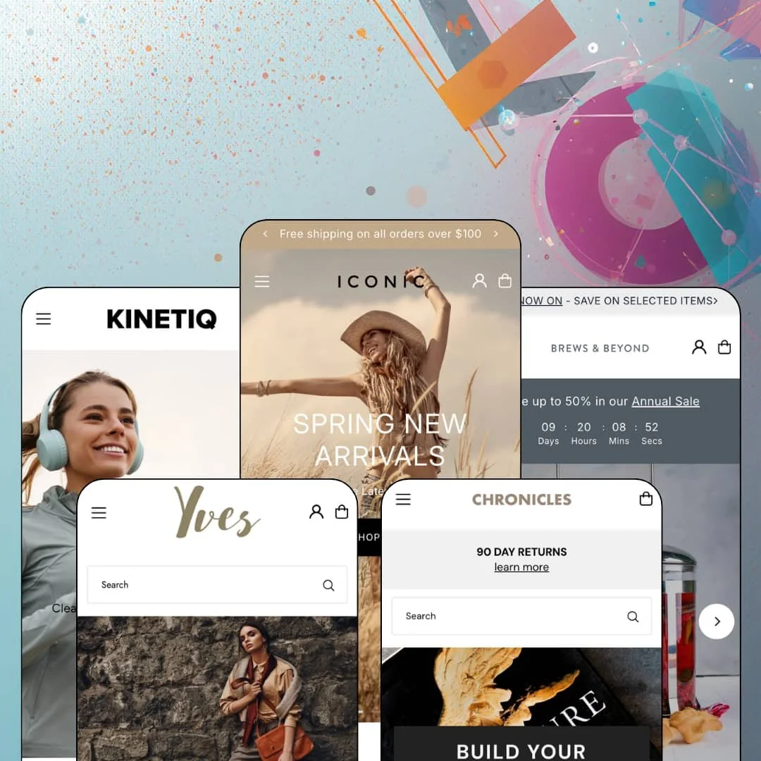Icon Shopify theme presets in mobile view — Vivienne for sports nutrition, Yves for luxury fashion, Icon for fashion, Dolce for books, Louis for kitchenware.