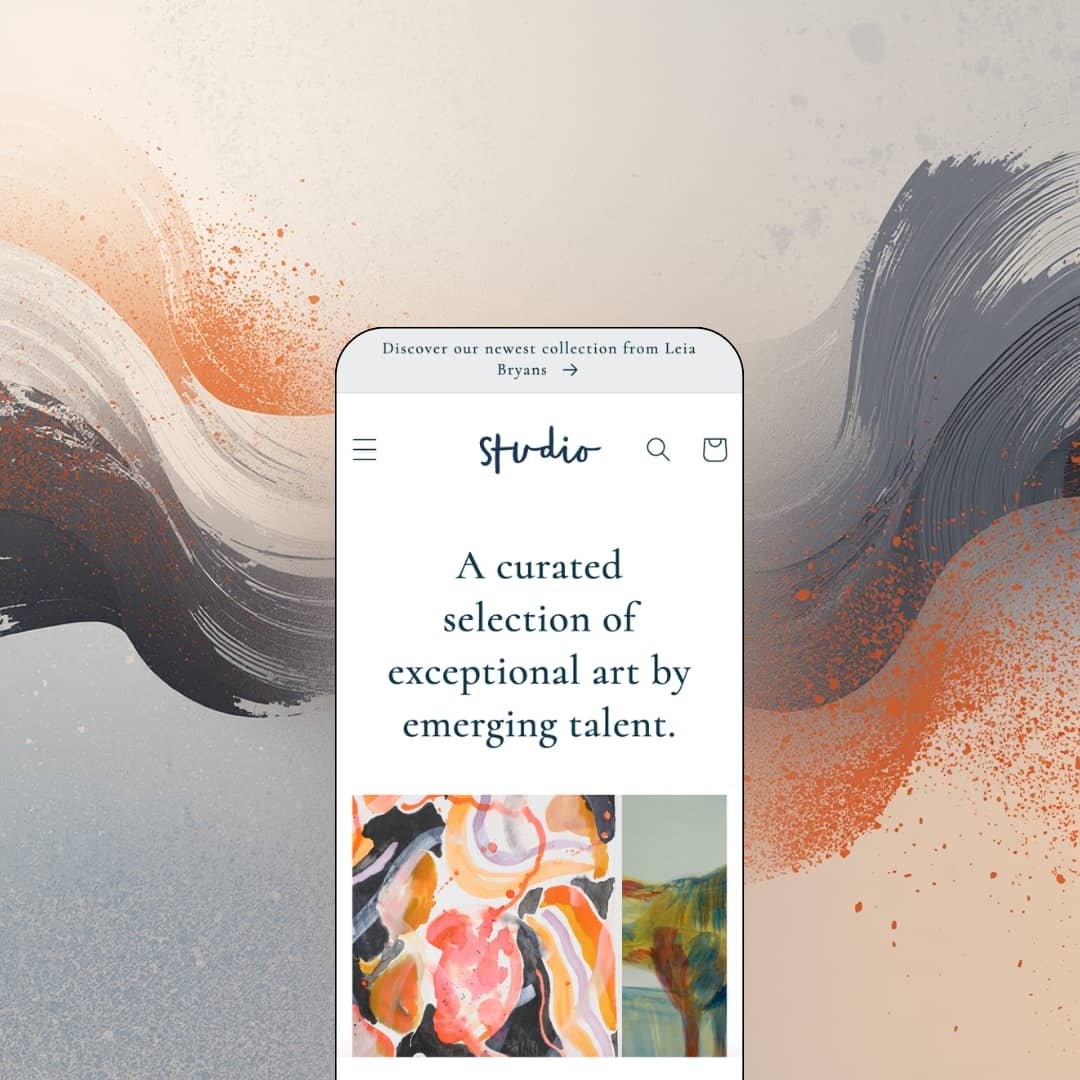 Studio Shopify theme mobile preview — single art gallery preset with a script wordmark above a curated-art headline and painting grid.