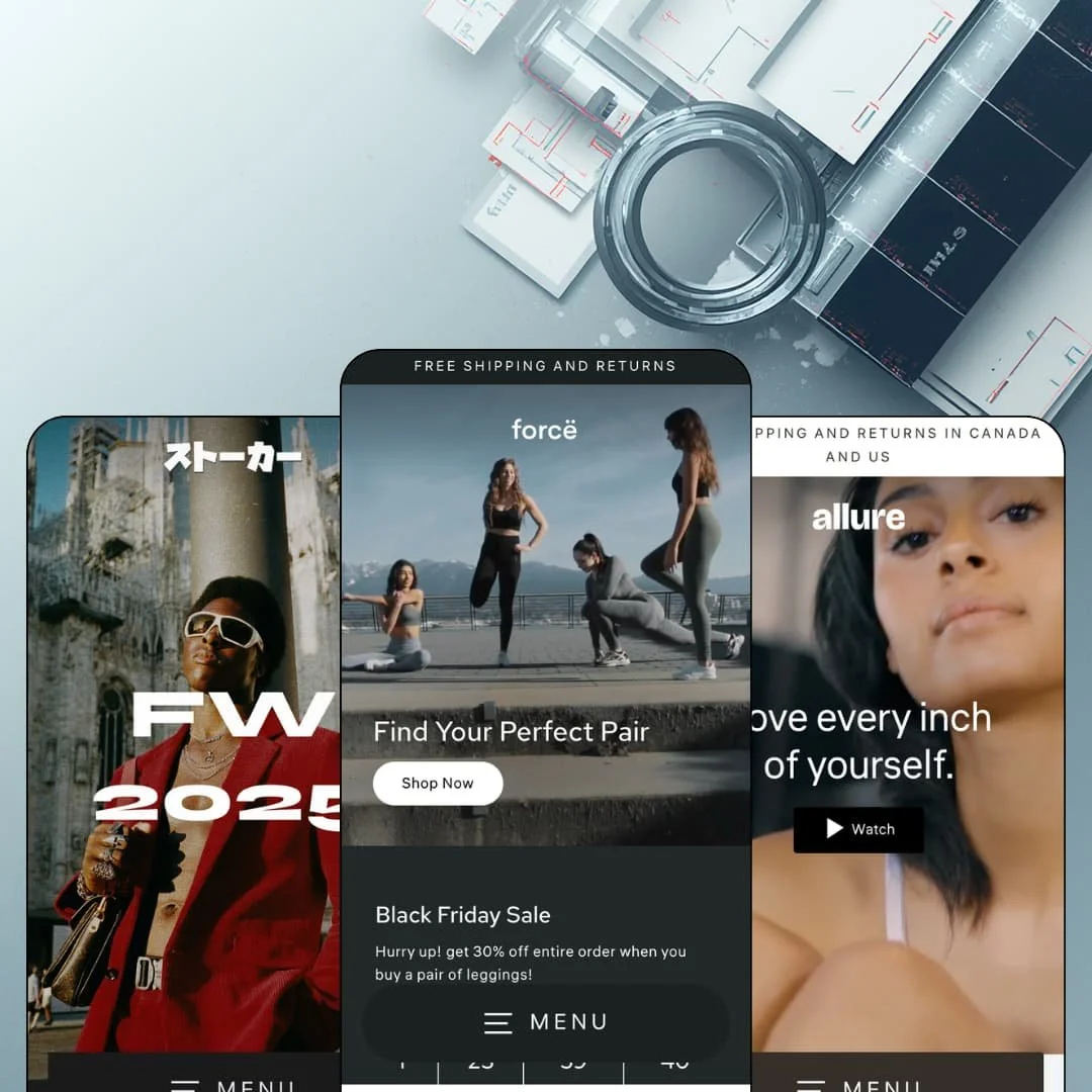 Streamline Shopify theme presets in mobile view — Fern for vintage streetwear, Streamline for activewear, Satin for intimates