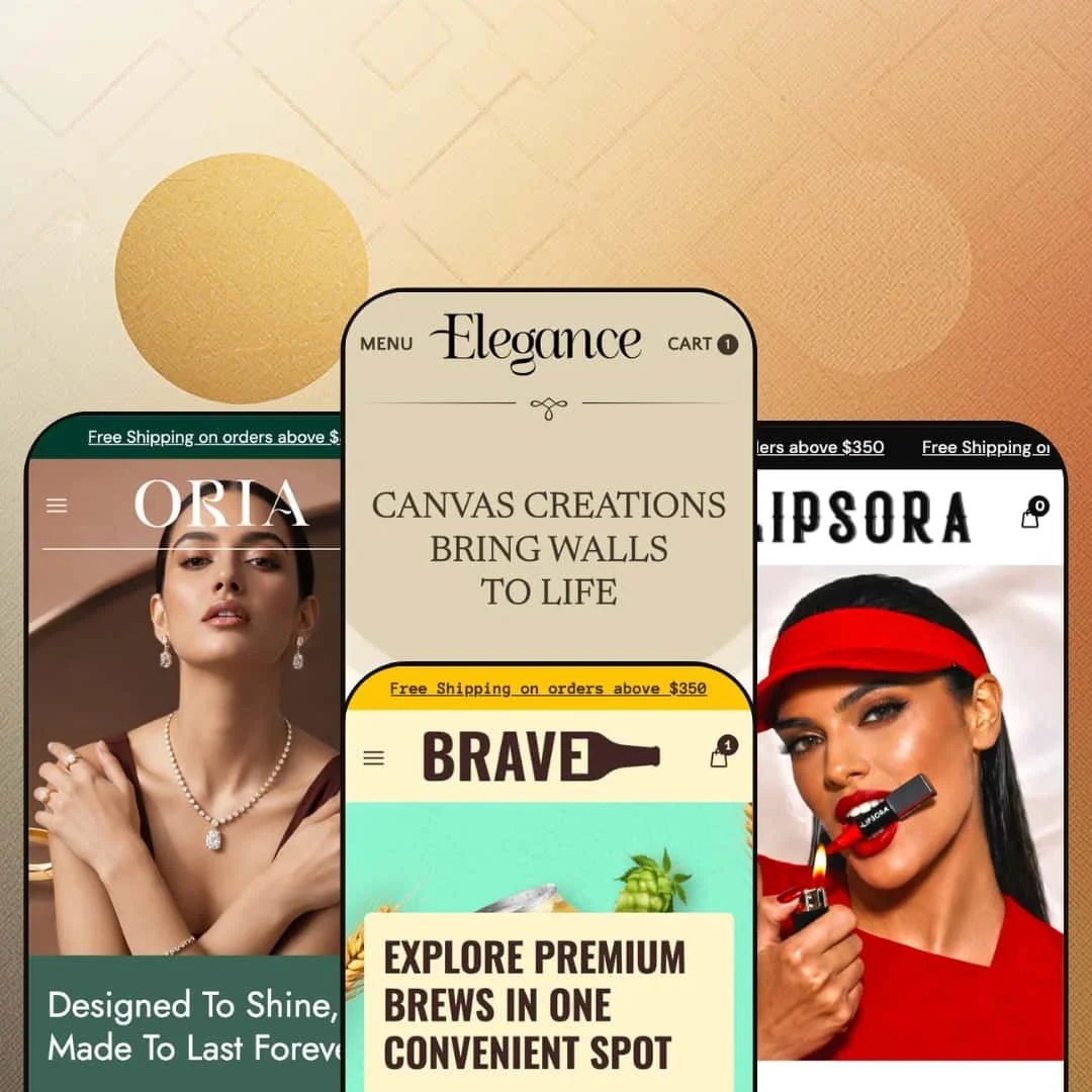 Elegance Shopify theme presets shown on mobile: Oria jewellery, Elegance canvas art, Brave craft beer, and Lipsora cosmetics