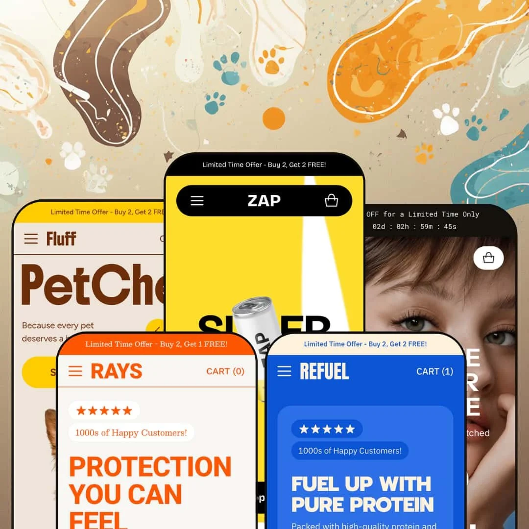 Zap Shopify theme presets shown on mobile: Zap, Fluff, Rays, Portable, and Refuel, each displaying a different brand vertical with distinct colour schemes and typography.