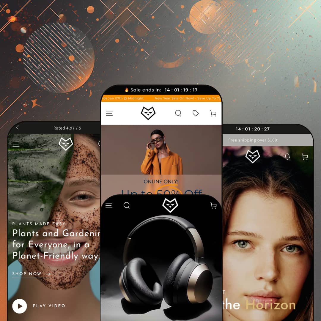 Be Yours Shopify theme presets in mobile view — Peace for plants, Sheen for fashion, Harmony for tech, Be Yours for skincare