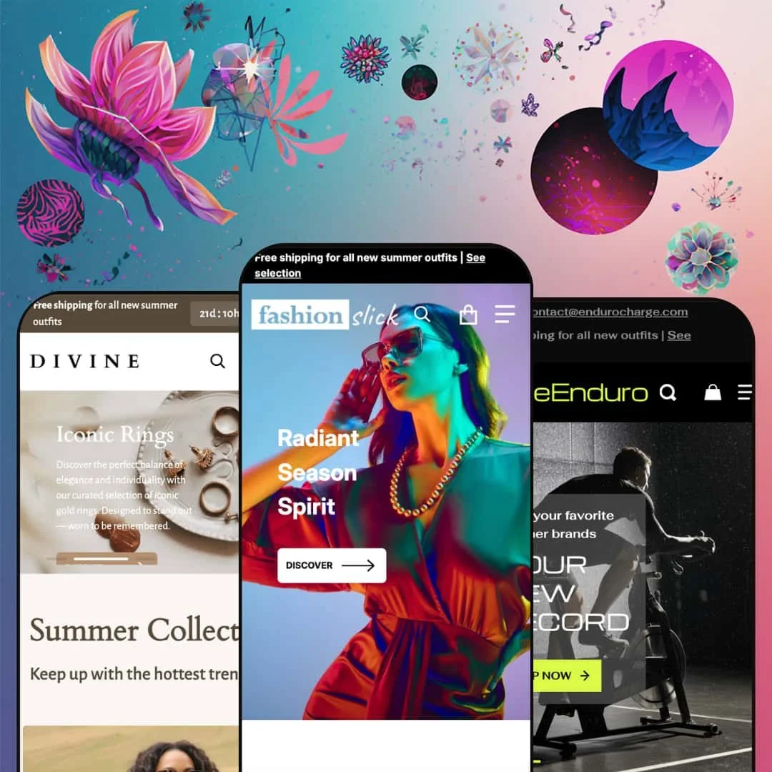 Divine Shopify theme presets in mobile view — Oldmoney for luxury jewelry, Divine for women's fashion, Enduro for fitness equipment