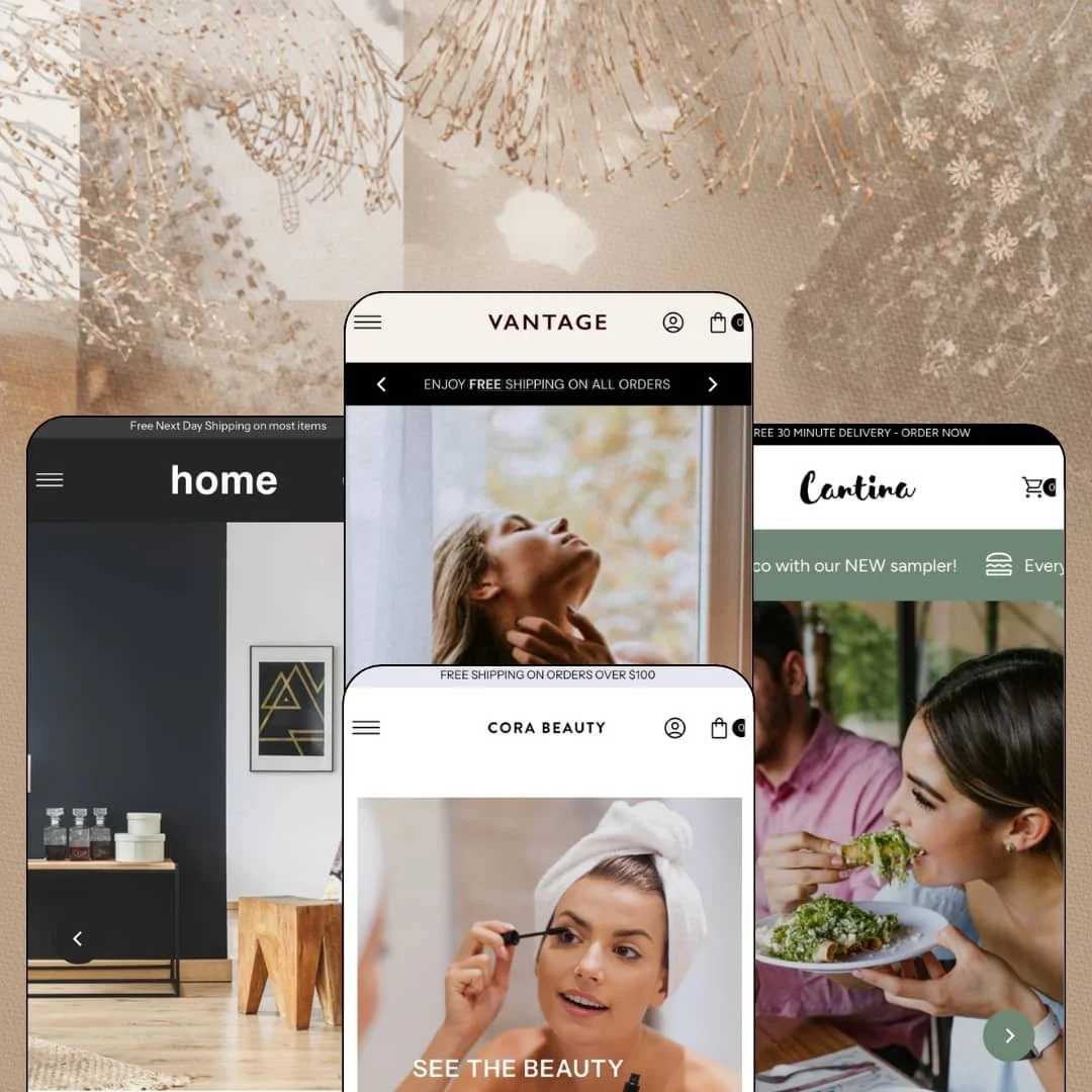 Vantage Shopify theme presets in mobile view — Portofino for furniture, Monza for lingerie, Vantage for beauty, Roma for restaurant.