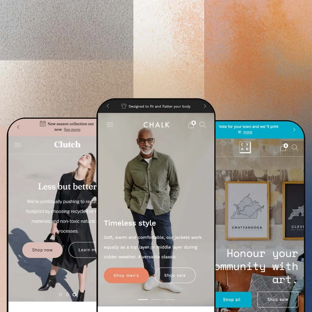 Creative Shopify theme presets in mobile view — Clutch for bags, Creative for apparel, Cyan for map art prints