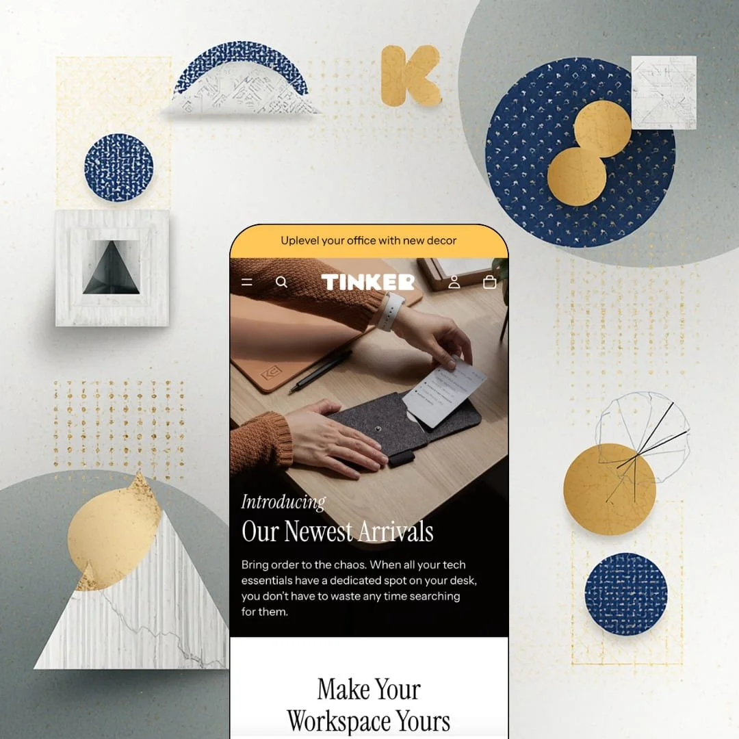 Tinker Shopify theme mobile preview — single desk-goods preset with an Our Newest Arrivals hero over a hand sorting task cards on a desk.