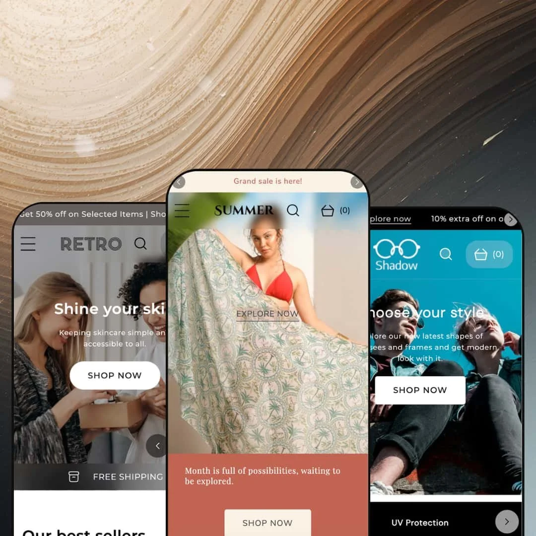 Retro Shopify theme presets in mobile view — Skinny for skincare, Retro for beachwear, Shadow for eyewear