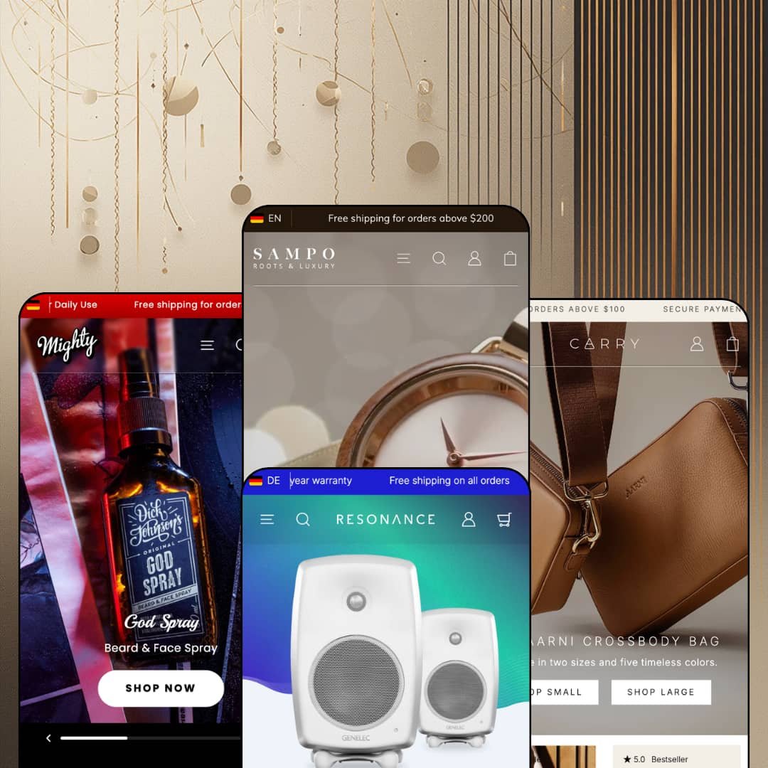 Sampo Shopify theme presets in mobile view — Mighty for grooming, Sampo for watches, Resonance for audio, Carry for leather bags