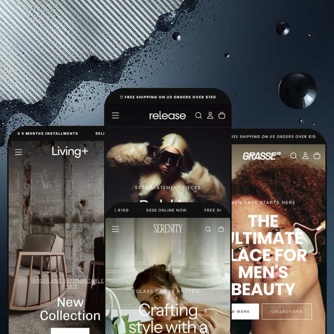 Release Shopify theme presets in mobile view — Forest for furniture, Release for apparel, Serenity for handbags, Grasse for men's grooming
