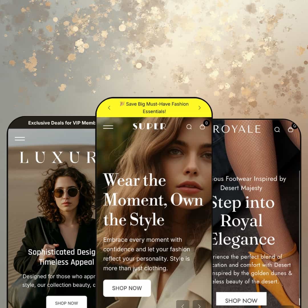 A composite image showing three different versions of the Desert Shopify theme by Crown Studio displayed on smartphone screens. Each screen showcases the theme's adaptation for different niches.