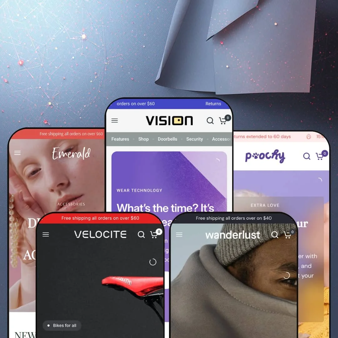 Vision Shopify theme presets in mobile view — Onyx for jewelry, Velocite for bikes, Vision for smart home, Solstice for winterwear, Poochy for pets