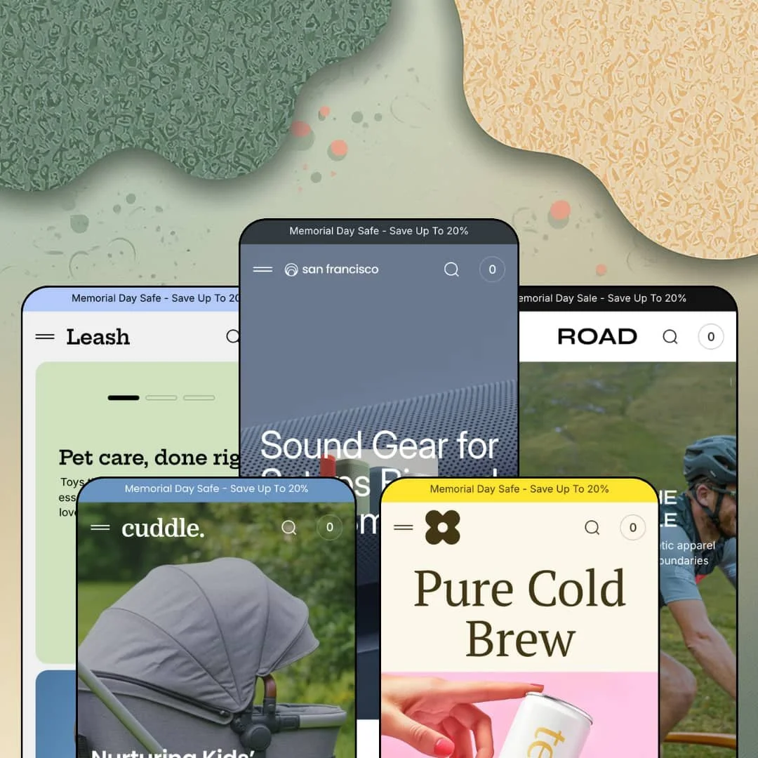 San Francisco Shopify theme presets in mobile view — Leash for pets, Cuddle for baby gear, San Francisco for audio, Shot for drinks, Road for cycling.