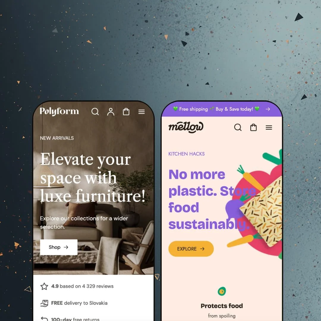 Polyform Shopify theme presets in mobile view — Polyform for furniture, Mellow for sustainable food storage