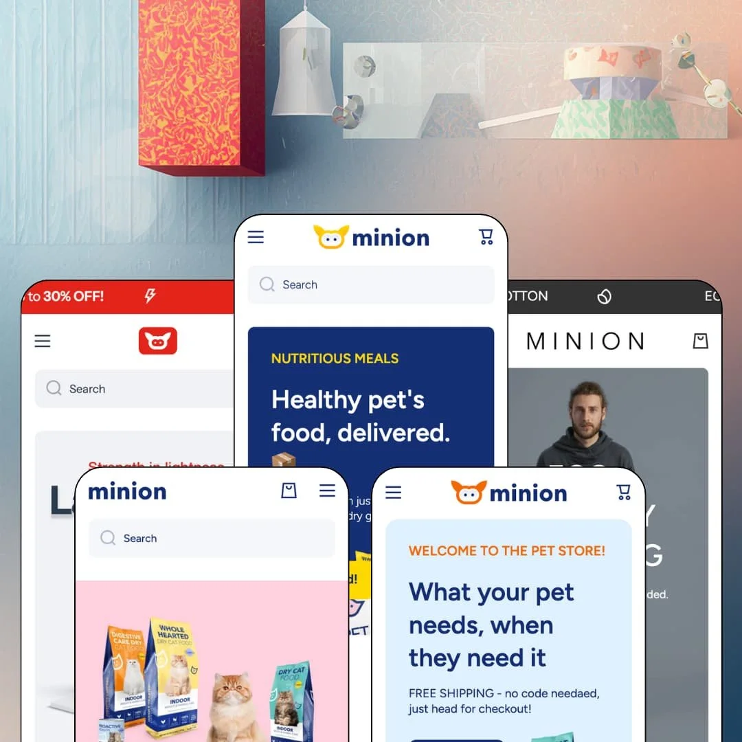 Minion Shopify theme presets in mobile view — Devices for electronics, Furry for cat food, Minion and Domestic for pet retail, Looks for fashion.