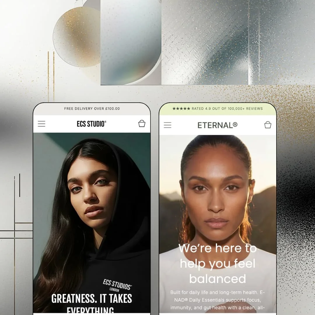 Carbon Shopify theme presets in mobile view — Carbon for streetwear apparel, Eternal for wellness supplements