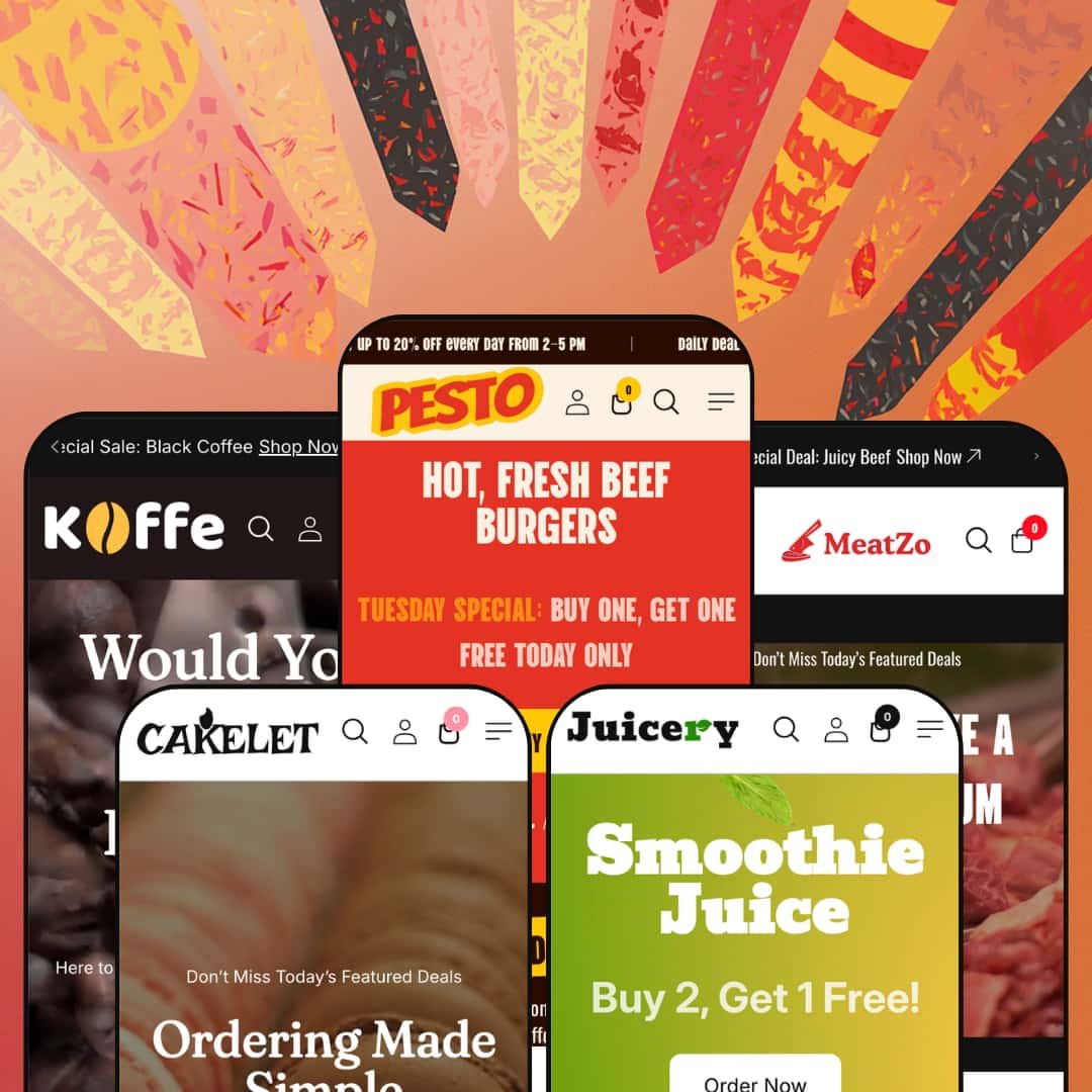 Pesto Shopify theme presets in mobile view — Koffe for coffee, Cakelet for bakery, Pesto for restaurant, Juicery for juice, Meatzo for butcher