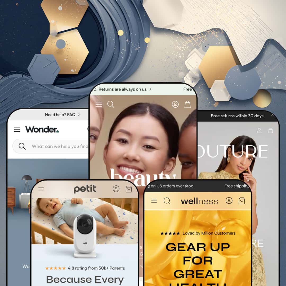 Wonder Shopify theme presets in mobile view — Wonder for beauty, Root for wellness, Velour for fashion, Nook for home, Petit for single-product CRO.
