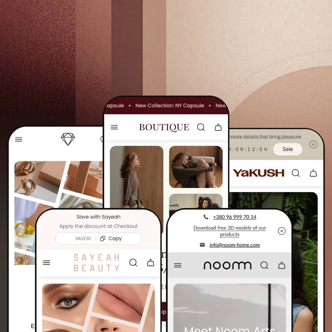 Boutique Shopify theme presets in mobile view — Aurum for jewelry, Boutique for fashion, Reflections for glassware, Jade for beauty, Noom for furniture.
