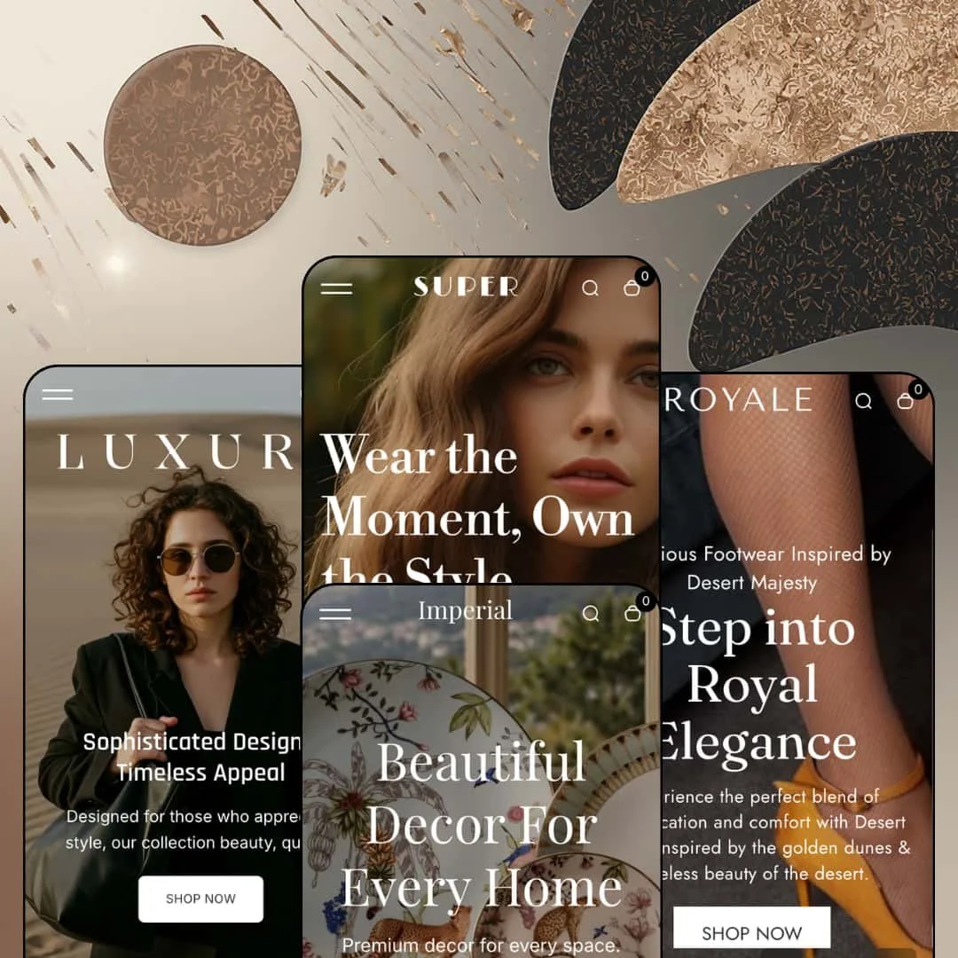 Desert Shopify theme presets in mobile view — Luxury for handbags, Desert for apparel, Imperial for home decor, Royale for footwear