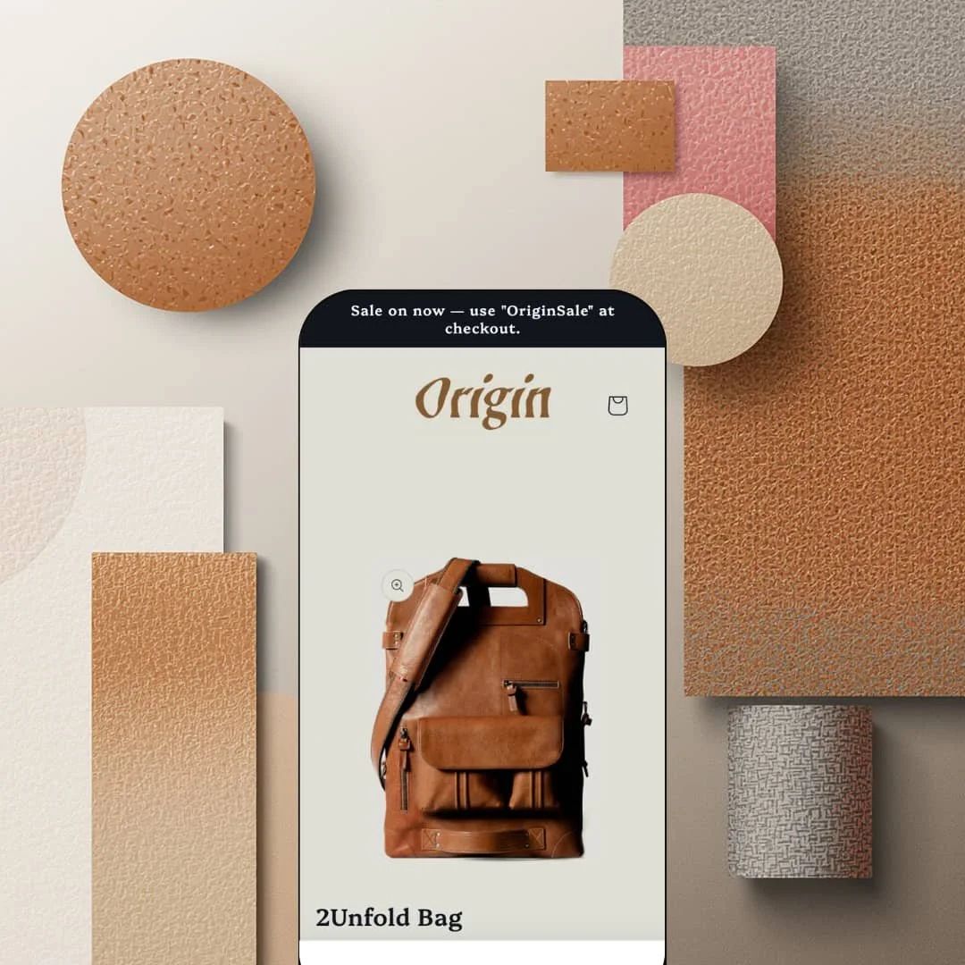 Origin Shopify theme mobile preview — single leather-goods preset with a tan leather bag hero beneath the stylized Origin wordmark.