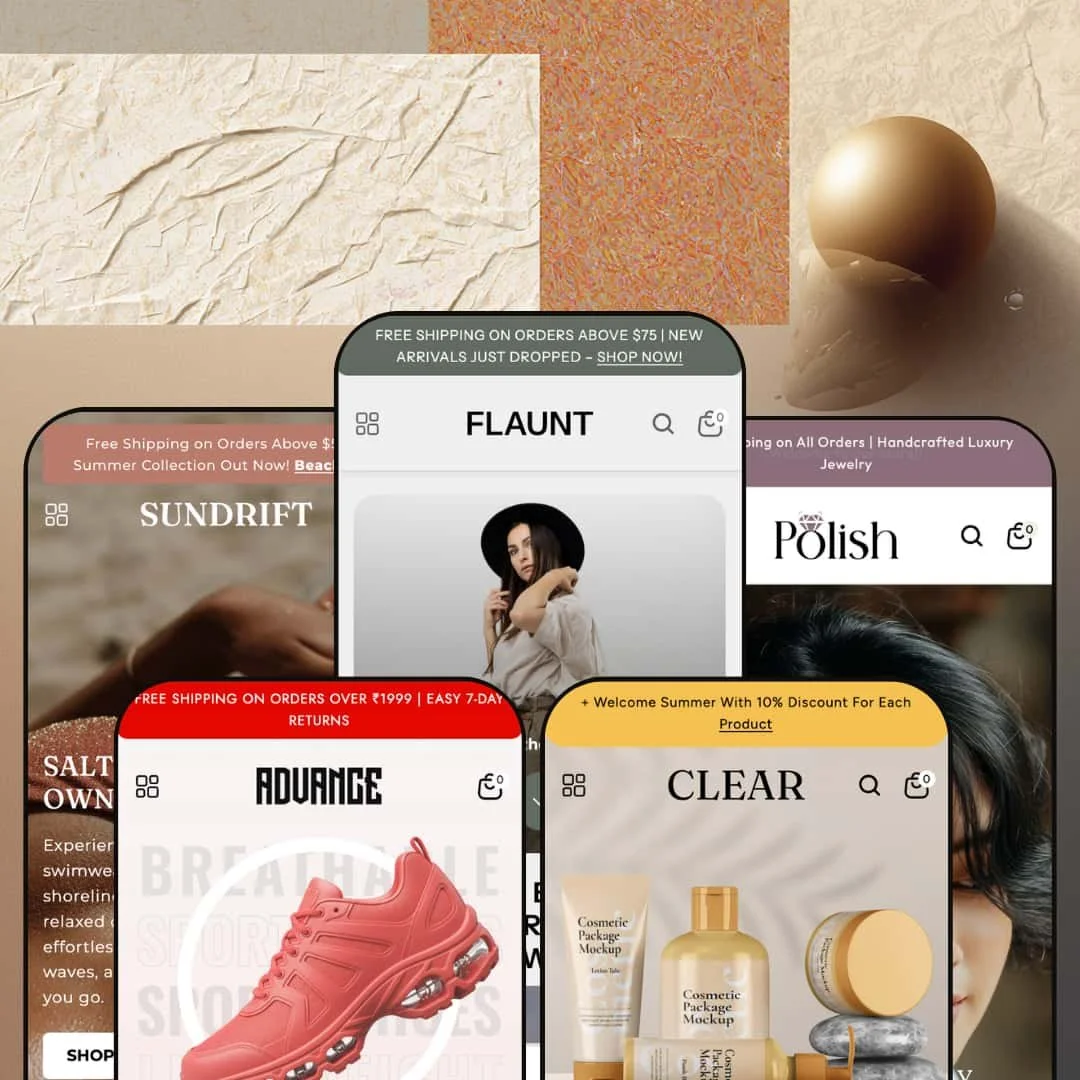 Flaunt Shopify theme mobile preview showing all five presets: Flaunt, Sundrift, Polish, Advance, and Clear, each styled for a different niche from fashion to footwear.