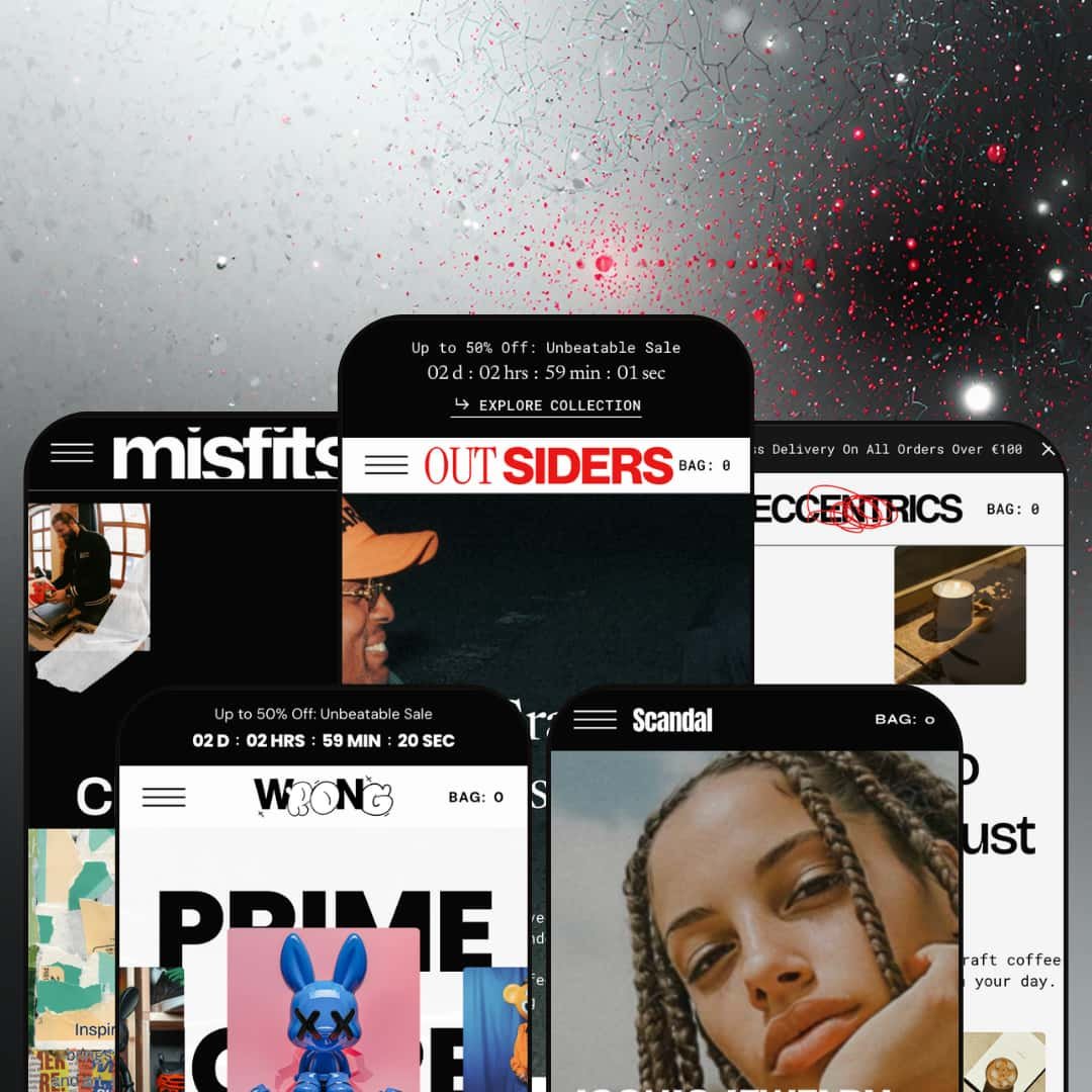 Outsiders Shopify theme presets in mobile view — Misfits for music, Outsiders for streetwear, Wrong for toys, Rebels for jewelry, Eccentrics for coffee.