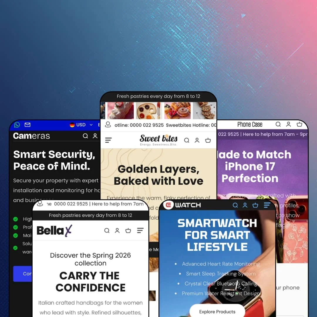 Sweet Shopify theme presets in mobile view — Capture for CCTV, Journey for handbags, Sweet for bakery, Axis for smartwatches, Shield for phone cases