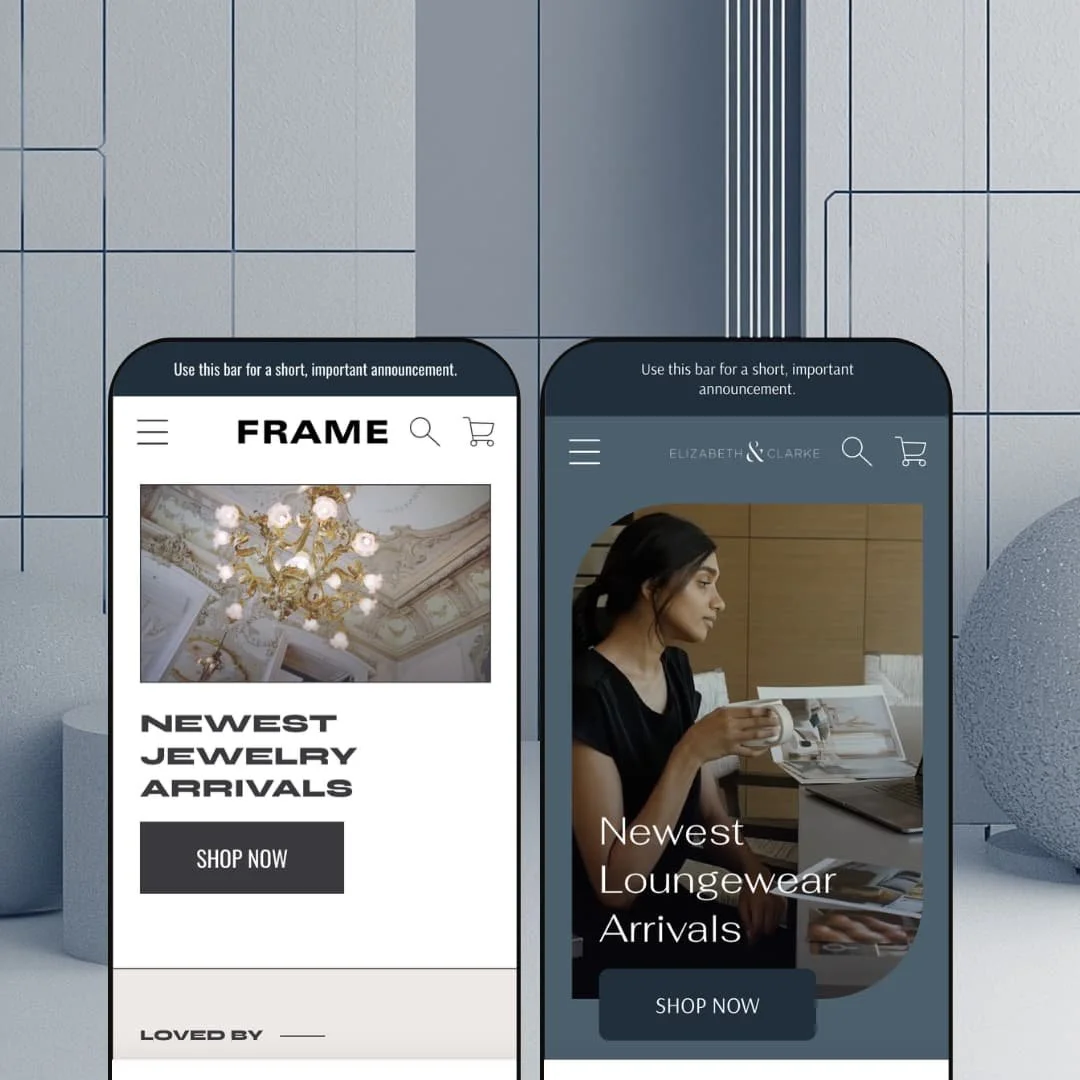 Frame Shopify theme presets in mobile view — Madison for luxury jewelry and fashion, Frame for loungewear apparel.