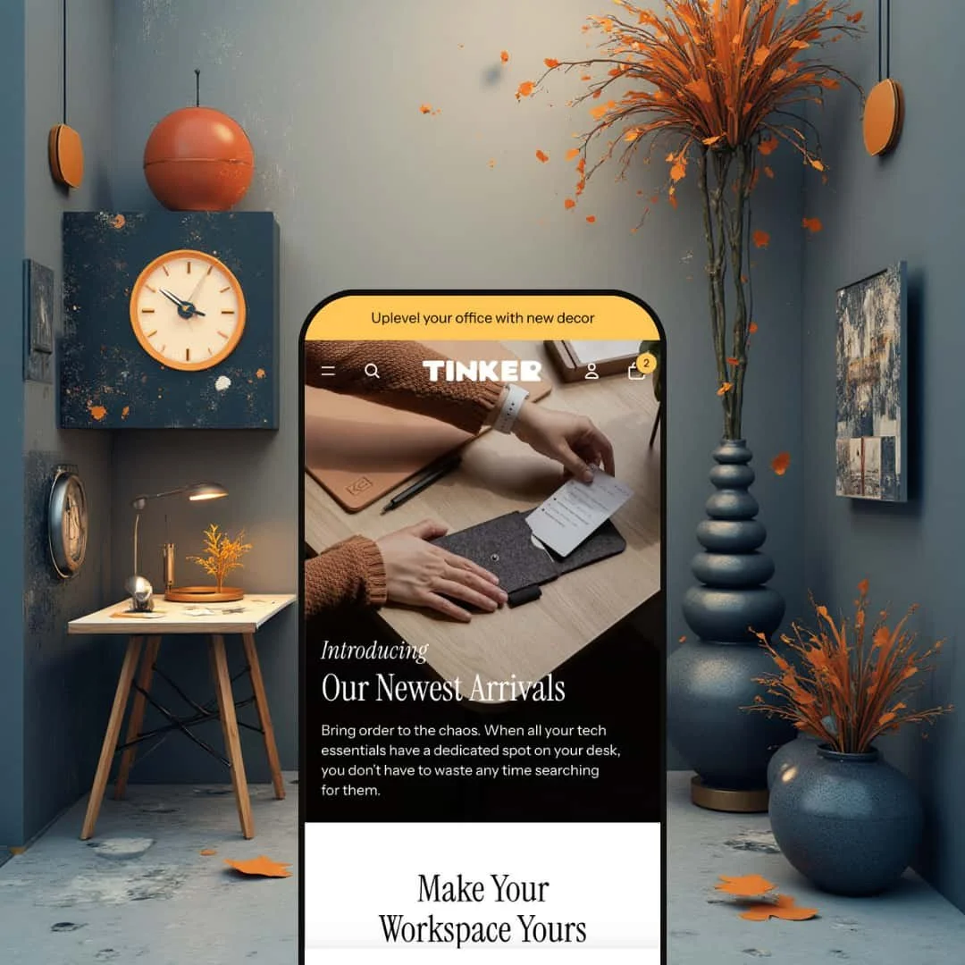 A composite image showing one version of the Tinker Shopify theme by Shopify displayed on smartphone screens. Each screen showcases the theme's adaptation for different niches.