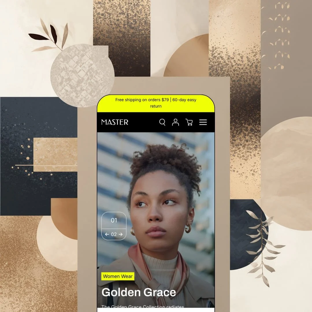 Master Shopify theme mobile preview — single fashion preset with the Golden Grace womenswear hero under a yellow free-shipping bar.