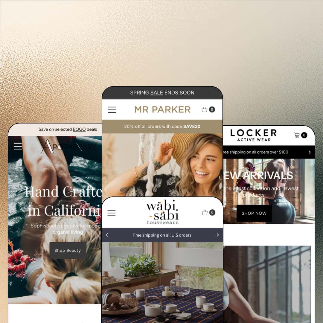 Mr Parker Shopify theme presets in mobile view — Spa for bath and body, Mr Parker for womenswear, Nest for home goods, Arena for activewear