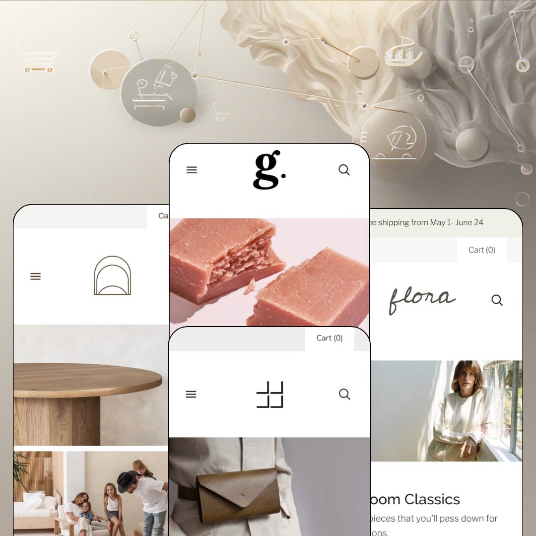 Grid Shopify theme presets in mobile view — Knoll for furniture, Grid for skincare, Ember for leather goods, Flora for womenswear.