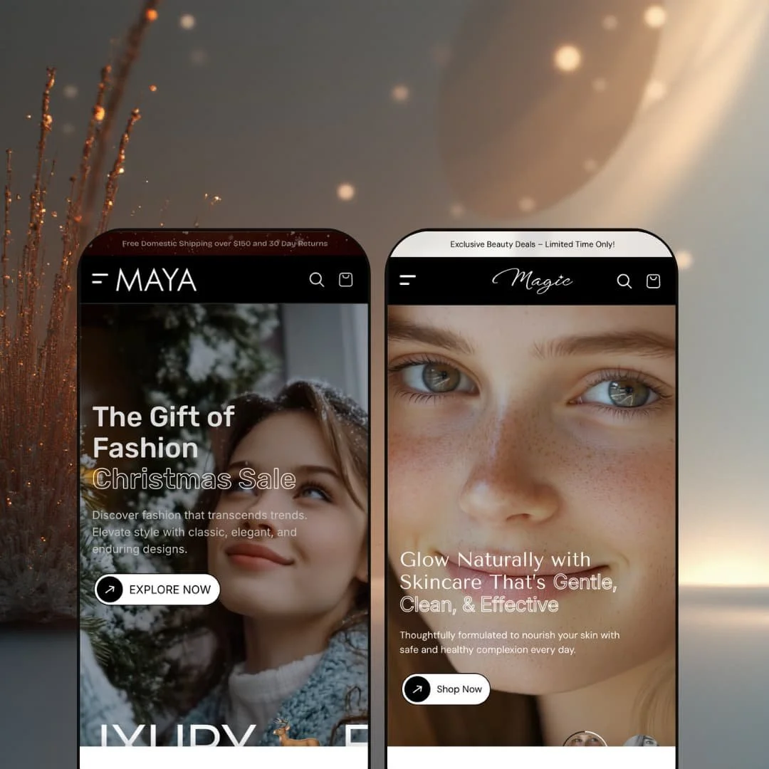 A composite image showing two different versions of the Maya Shopify theme by Shine Design Infonet displayed on smartphone screens. Each screen showcases the theme's adaptation for different niches.