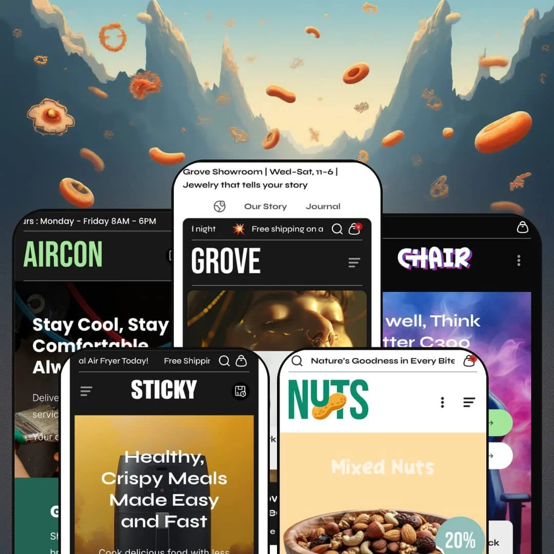 A composite image showing five different versions of the Grove Shopify theme by Omelette FZ-LLC displayed on smartphone screens. Each screen showcases the theme's adaptation for different niches.