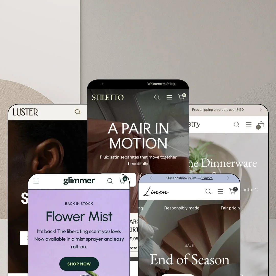 Stiletto Shopify theme presets in mobile view — Luster for jewelry, Glimmer for skincare, Stiletto for fashion, Linen for shoes, Tapestry for ceramics.