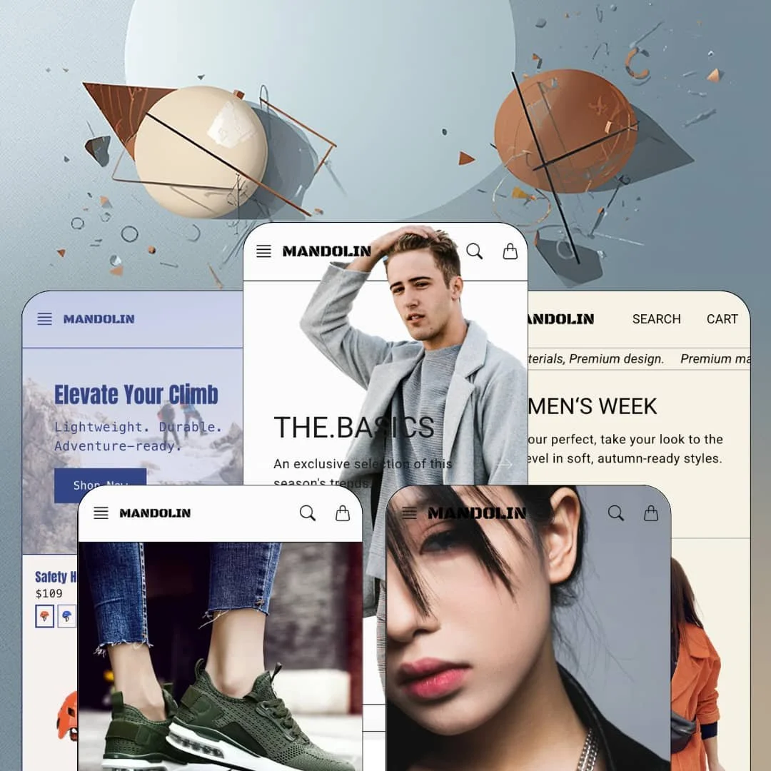 Mandolin Shopify theme presets in mobile view — Innate for outdoor gear, Lilt for footwear, Mandolin, Eclat and Formelle for fashion apparel