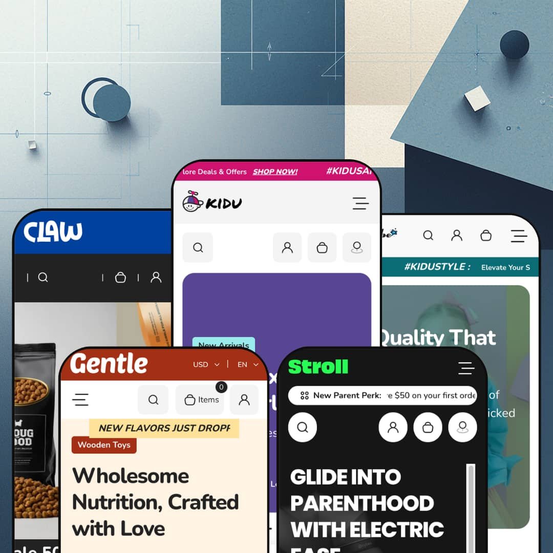 Kidu Shopify theme presets, mobile view — Claw for pet food, Gentle for baby nutrition, Kidu for toys, Stroll for baby gear, Dresser for kids' apparel