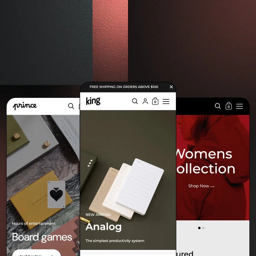 Kingdom Shopify theme presets in mobile view — Prince for games, Kingdom for design goods, Queen for fashion