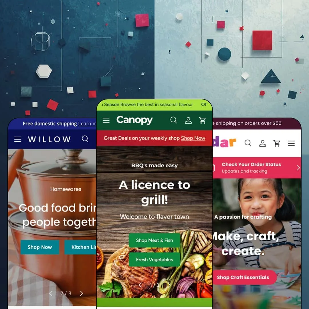 Canopy Shopify theme presets in mobile view — Willow for homeware, Canopy for groceries, Cedar for arts and crafts.