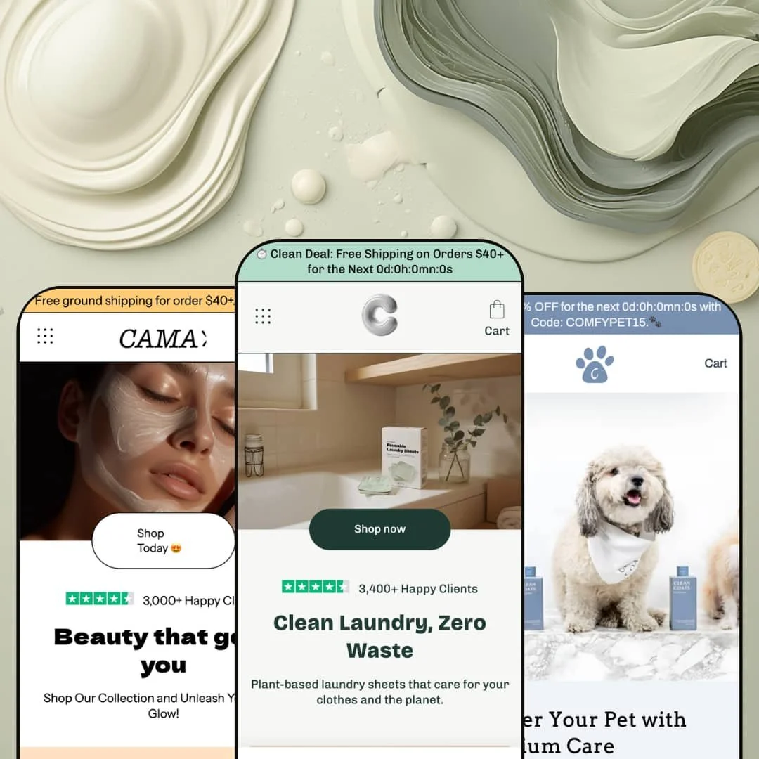 Cama Shopify theme presets in mobile view — Vanity for skincare, Cama for laundry, Critter for pet care.