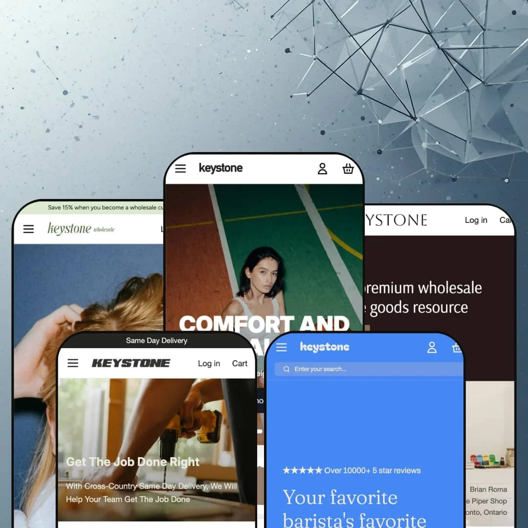 Keystone Shopify theme presets in mobile view — Kindred for beauty, Kingpin for hardware, Keystone for clothing, Kettle for cafe, Kaleidoscope for home goods