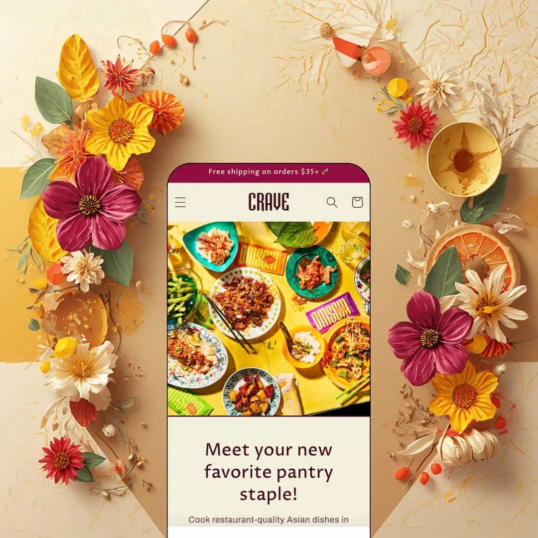 Crave Shopify theme mobile preview — single food and drink preset with a plated Asian meal spread above a pantry-staple headline.