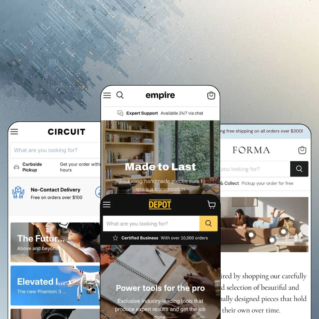 Empire Shopify theme presets in mobile view — Circuit for electronics, Empire for gifts, Depot for tools, Forma for furniture