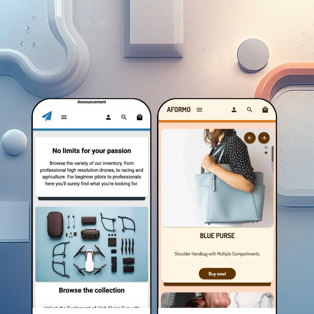 Modules Shopify theme presets in mobile view — Modules for drone stores, Autumn for leather bags and accessories