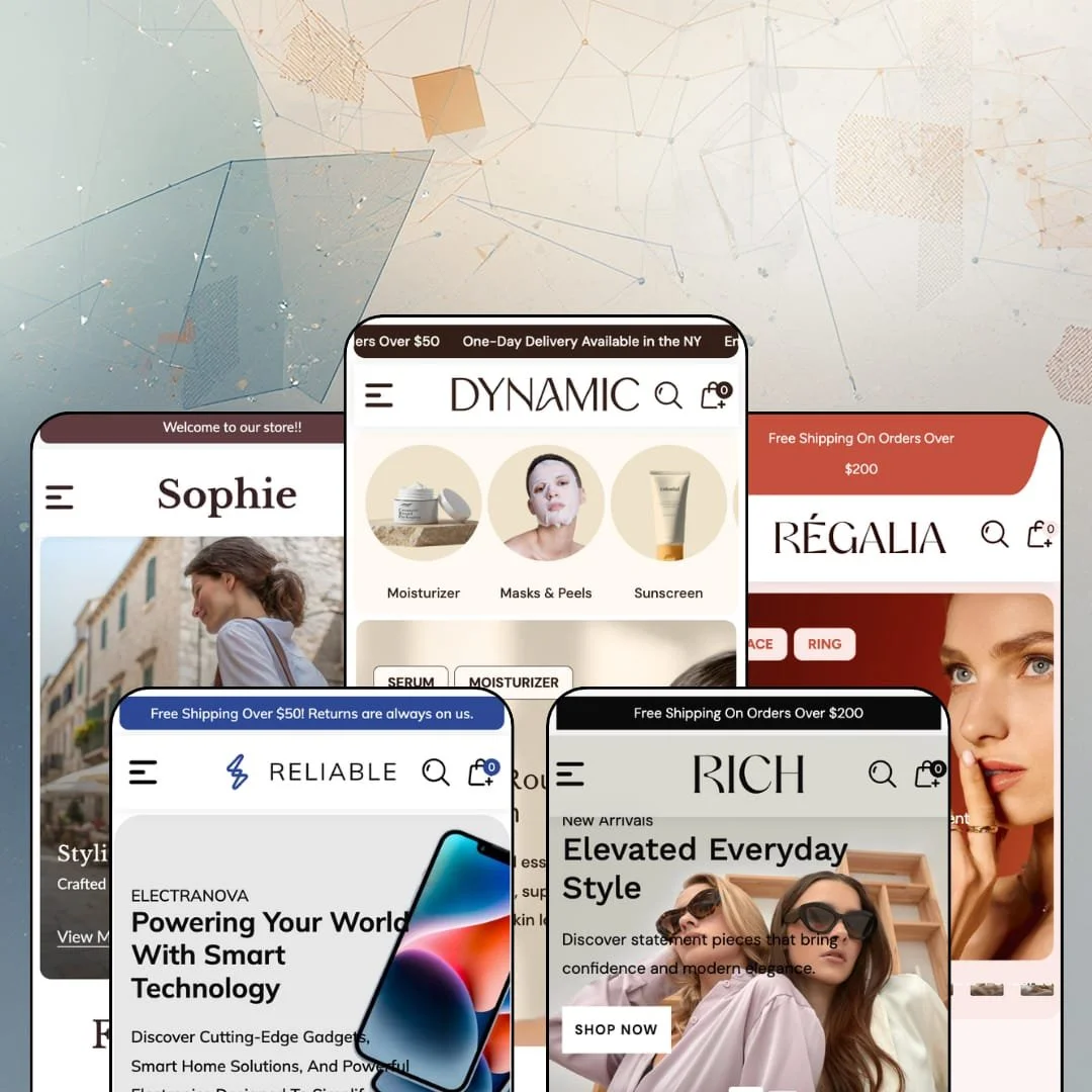 Dynamic Shopify theme presets in mobile view — Sophie for bags, Reliable for electronics, Dynamic for beauty, Rich for fashion, Regalia for jewelry