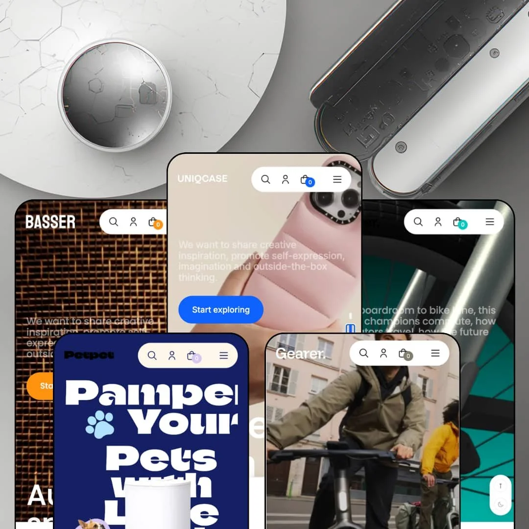 Futurer Shopify theme presets in mobile view — Basser for audio, Mealtime for pet gear, Futurer for phone cases, Gearer and Solo for e-bikes.