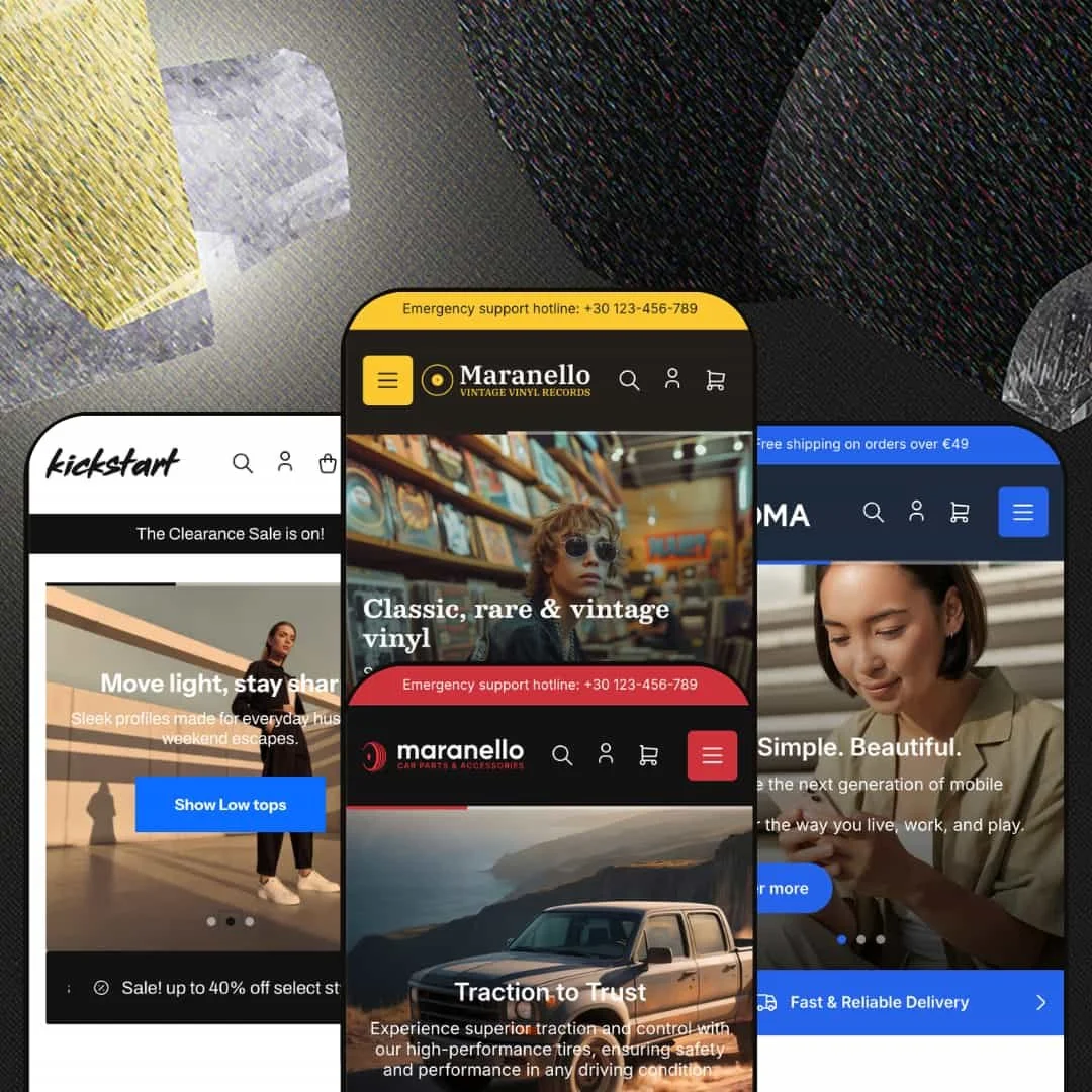 Maranello Shopify theme presets in mobile view — Sneakers for footwear, Records for vinyl, Maranello for auto parts, Chroma for electronics